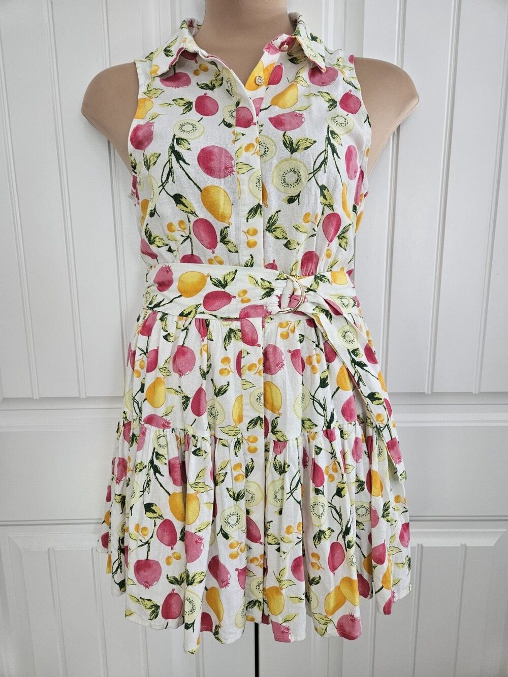 Cynthia Rowley Tropical Fruit Fit & Flare Button Dress Sz 8 Linen & Viscose